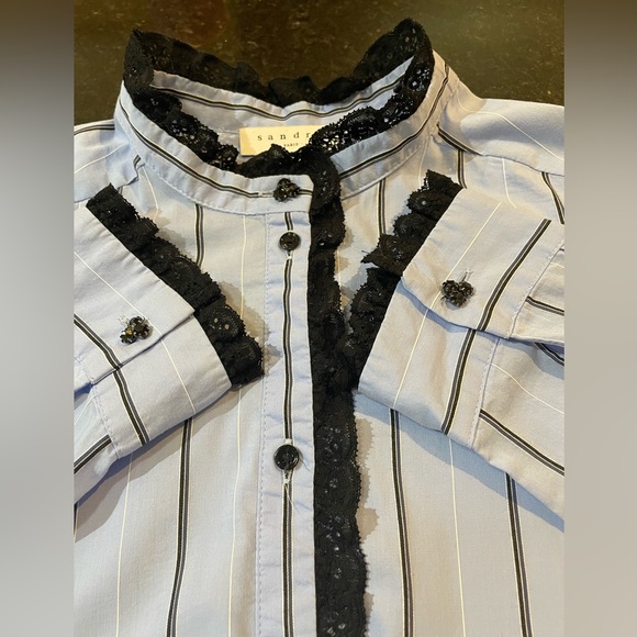 Sandro “Lunaire” striped shirt with Ruffle Trim 1/S - Picture 7 of 11